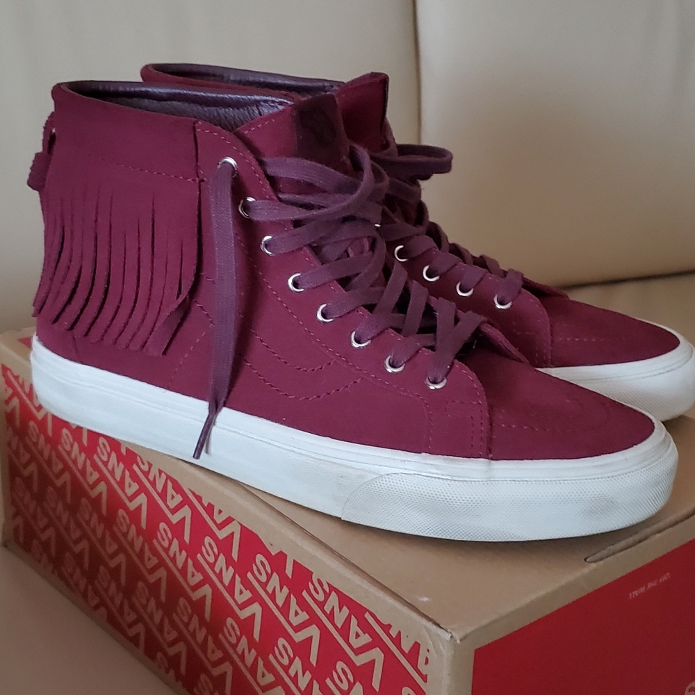 Burgundy suede high top sneakers